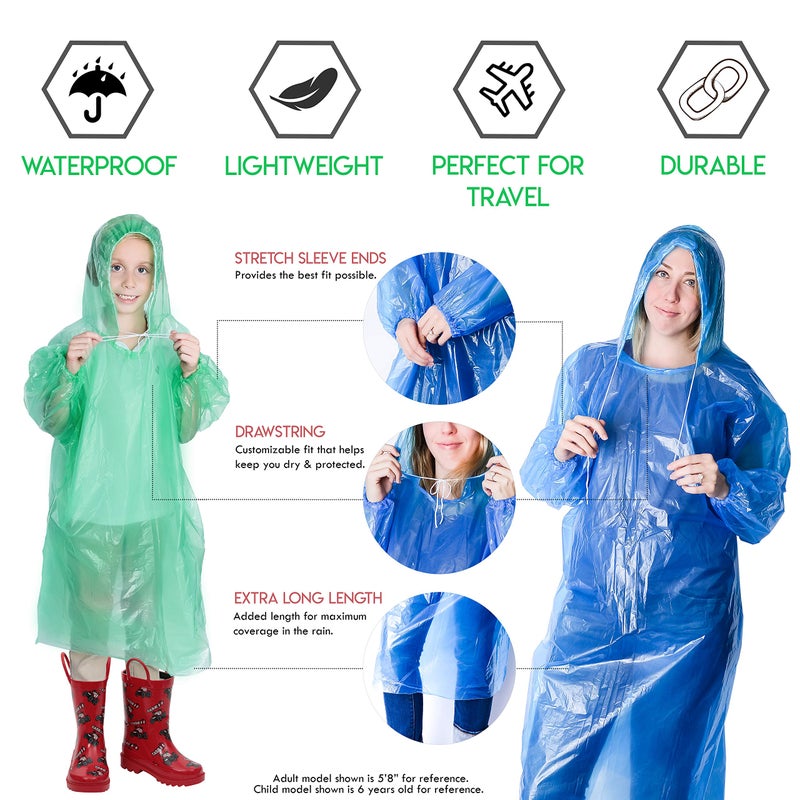 Lingito Rain Ponchos Family Pack | 12-Piece Emergency Drawstring Hood Poncho for Children and Adults | Lightweight Reusable or Disposable - Image 2
